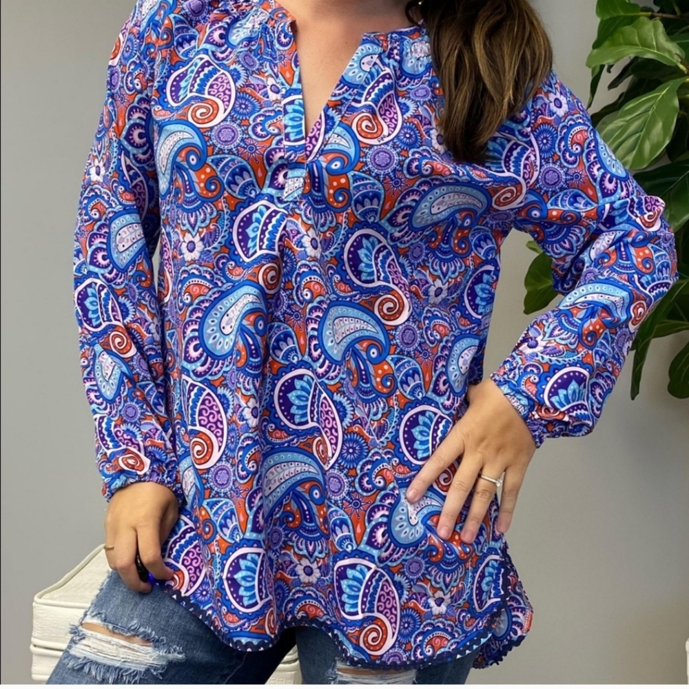 Simply Southern Paisley Purple Blue Red V-neck Blouse Size XXL